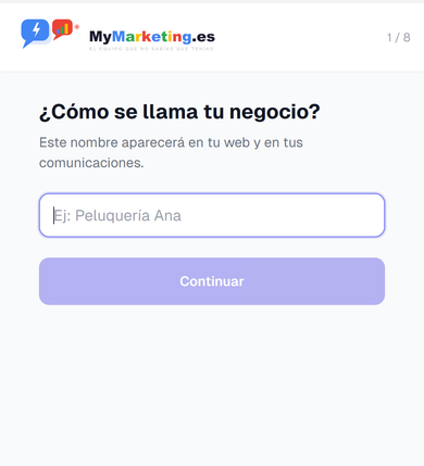 App MyMarketing — pantalla de configuración del negocio